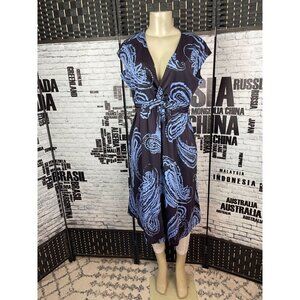 Sweet 10 Brown-Blue Print V-Neck Twisted Waist Cap Sleeve Below Knee Dress